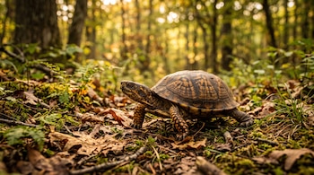 Una tortuga terrestre de caparazón estampado camina sobre hojas secas y musgo entre los árboles iluminados por el sol.