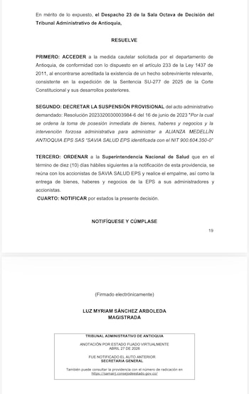 Tras el análisis, el despacho concluyó que procedía la suspensión provisional de la intervención, lo que implica dejar sin efectos temporales las decisiones administrativas cuestionadas - crédito @FicoGutierrez/X