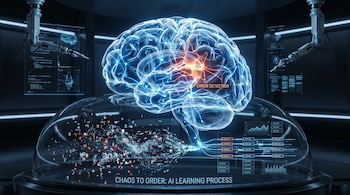 Visualización 3D de un cerebro artificial con redes neuronales luminosas, datos caóticos flotando bajo una cúpula de vidrio que se ordenan en una interfaz de datos.