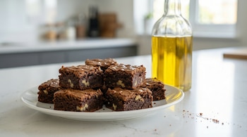 Vista de cerca de brownies de chocolate con nueces apilados en un plato blanco sobre una encimera de cocina clara, con una botella de aceite al fondo.