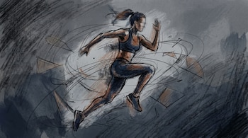 Ilustración estilo sketch de una persona corriendo, vestida con ropa deportiva oscura, con líneas dinámicas y un fondo abstracto en tonos grises y azules.