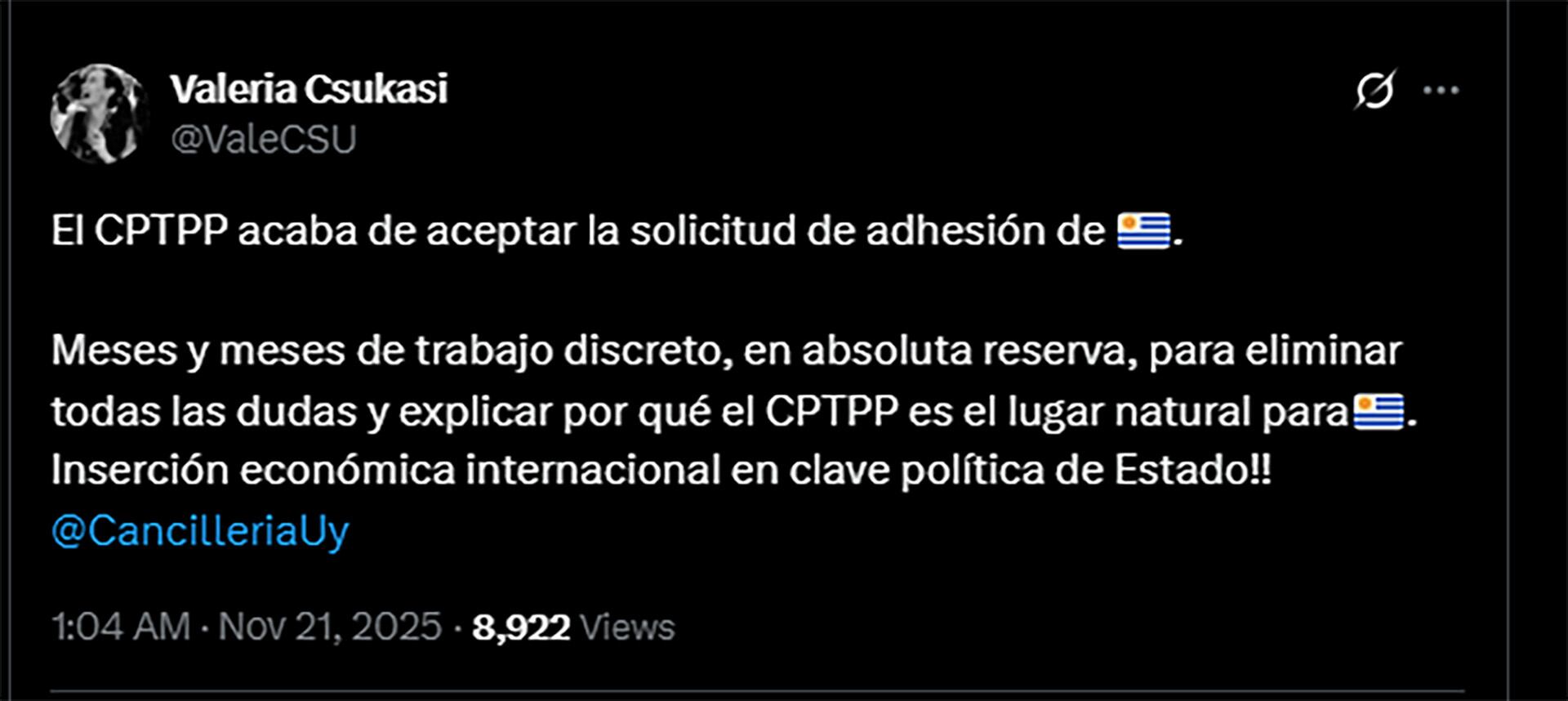 El posteo de la vicecanciller, Valeria Csukasi