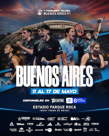 Cartel promocional del Premier Pádel Buenos Aires P1 con seis jugadores de pádel celebrando, algunos con raquetas. Fondo de estadio y cielo rojizo con el texto 'Buenos Aires'