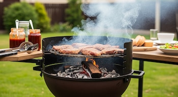 Parrilla con cortes de carne y humo, brasas, astillas de madera. Utensilios de cocina, dos frascos de salsa barbacoa. Pan y ensalada en una mesa rústica.