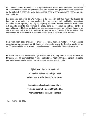 El paro armado terminará el