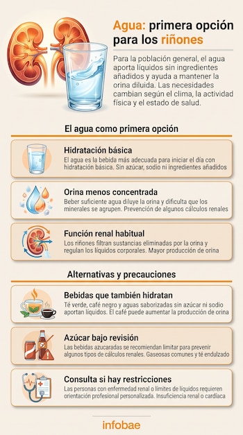 Infografía con ilustraciones de riñones, un vaso con agua, tazas, bebidas azucaradas tachadas, un estetoscopio y recuadros explicativos de texto.