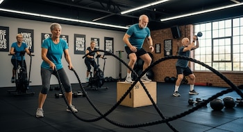 Cinco adultos mayores ejercitándose en un gimnasio. Se ven cuerdas de batalla, un cajón de madera, una pesa rusa, mancuernas, balones medicinales y bicicletas estáticas.
