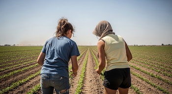 Dos mujeres jóvenes de espaldas en un campo con hileras de plantas. Una tiene camiseta azul y vaqueros; la otra, pañuelo, camiseta amarilla y shorts.