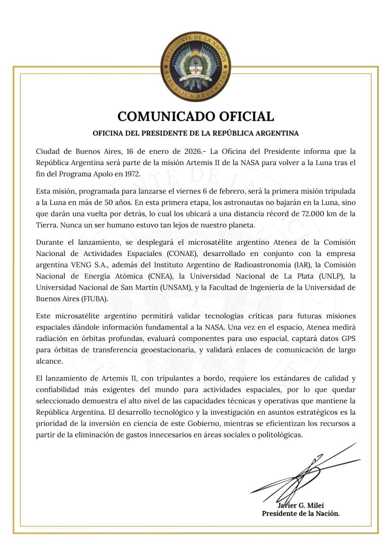 El comunicado de la Oficina del Presidente de la República Argentina que informa que será parte de la misión Artemis II de la NASA