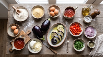 Berenjenas, huevos, harina, salsa de tomate, queso y verduras picadas en cuencos de cerámica sobre una mesa de madera vista desde arriba.