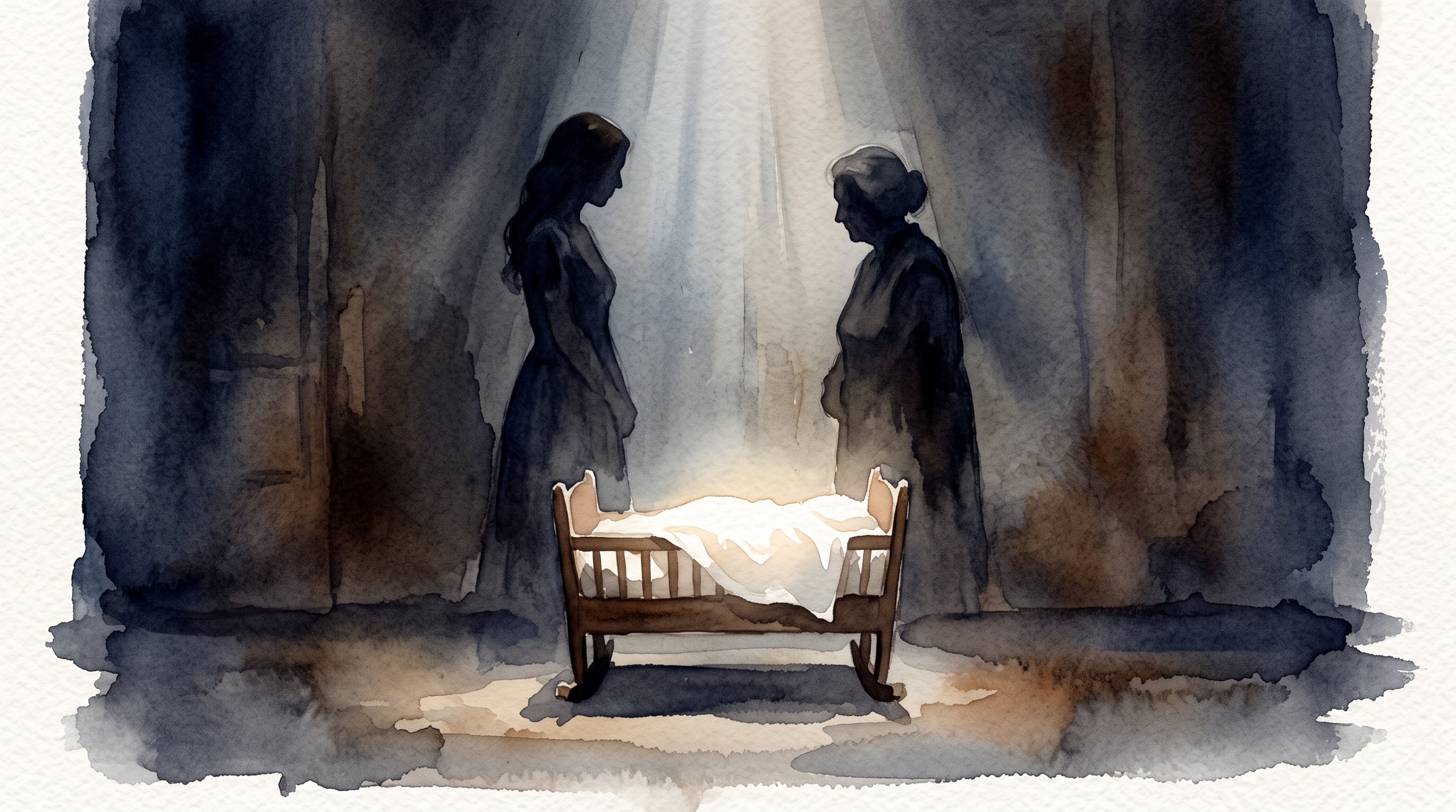 Una ilustración en acuarela presenta una cuna iluminada en el centro de una estancia mientras dos siluetas de mujeres permanecen en la penumbra del fondo. (Imagen Ilustrativa Infobae)