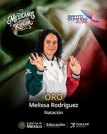 Póster de la nadadora Melissa Rodríguez con chaqueta verde, blanca y roja, manos levantadas, texto ORO Melissa Rodríguez Natación, logos gubernamentales y Santo Domingo 2026