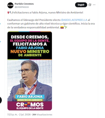 El partido Creemos celebró la designación de Fabio Arjona como ministro de Ambiente - crédito @creemosco/X