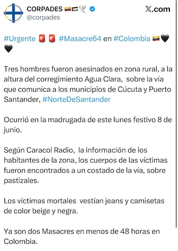 Esto dijo Corpades sobre esta nueva masacre en Cúcuta - crédito @corpades/X