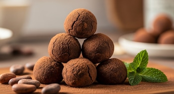 Seis trufas de chocolate en forma de pirámide cubiertas con cacao en polvo, granos de cacao y hojas de menta sobre una tabla de madera.
