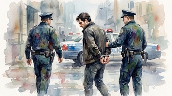 Ilustración en acuarela de dos policías que escoltan a un hombre esposado por la espalda frente a un vehículo de policía.