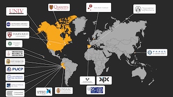 Mapa mundial con países destacados en naranja y líneas que conectan con los logotipos de las universidades e instituciones participantes