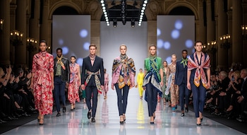 Una fila de modelos camina por una pasarela brillante. Visten trajes elegantes y vestidos, con pañuelos de seda atados de diversas formas como accesorios centrales.