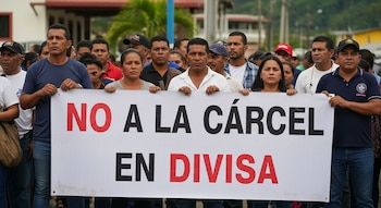 Primer plano de un grupo de personas, en su mayoría adultos, sosteniendo una pancarta blanca con el texto "NO A LA CÁRCEL EN DIVISA" en rojo y negro.
