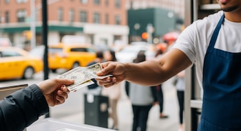 Primer plano de dos manos intercambiando billetes de dólar en la calle. Una persona con delantal azul y otra con chaqueta oscura realizan la transacción.