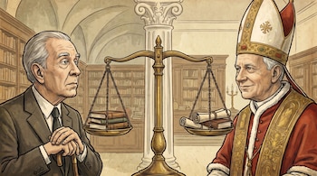 Caricatura realista de Jorge Luis Borges y el Papa León XIV mirándose, separados por una balanza de justicia con libros y pergaminos en una biblioteca.
