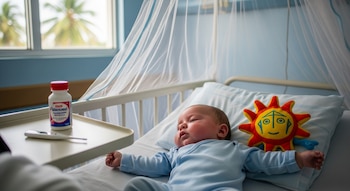 Un bebé recostado en una cuna de hospital con mosquitero blanco. En una mesa, una botella de medicina y un termómetro. Una almohada con un juguete de sol.
