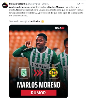 Marlos Moreno interesa en América de México, según distintos reportes periodísticos - crédito Bolavip Colombia