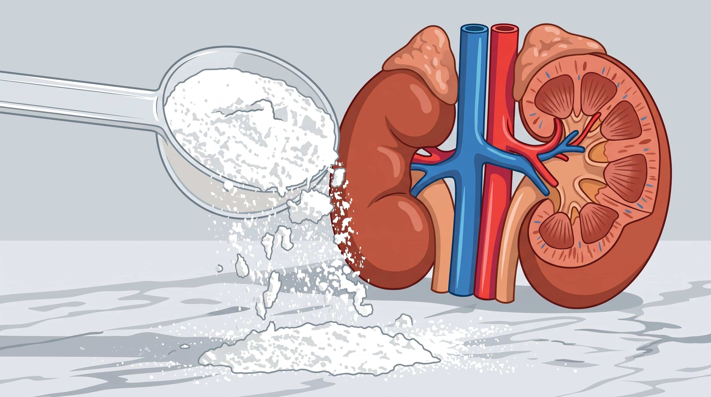 Una cuchara transparente vierte un polvo blanco junto a una representación anatómica de los riñones humanos. (Imagen Ilustrativa Infobae)