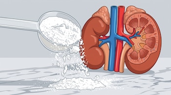 Una cuchara transparente vierte polvo blanco junto al dibujo anatómico de dos riñones humanos con sus vasos sanguíneos.