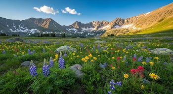 Vista panorámica de una pradera alpina en Colorado, llena de flores silvestres de colores variados y pastizales verdes, con rocas, montañas nevadas y cielo azul claro.