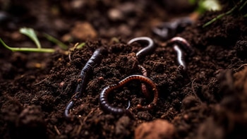 Primer plano de varias lombrices de tierra oscuras y segmentadas moviéndose sobre tierra húmeda y marrón oscuro, con algunas plantas verdes difusas al fondo