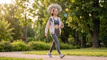 Una joven con ropa deportiva camina por un sendero rodeado de árboles, con un gráfico flotante de un cerebro e íconos junto a su cabeza.