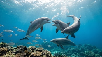 Se ven cuatro delfines grises en aguas azules claras sobre un vibrante arrecife de coral, con bancos de peces plateados nadando a su alrededor.