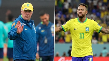 Imagen dividida: Carlo Ancelotti con gorra amarilla y chaqueta azul a la izquierda; Neymar Jr. con camiseta amarilla de Brasil y el número 10 a la derecha.