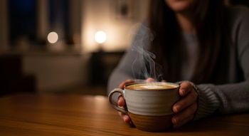 Vista cercana de una taza de café humeante en una mesa de madera, sostenida por las manos de una mujer con un suéter gris, con el fondo desenfocado y luces tenues.