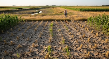 Vista aérea de un campo agrícola afectado por la sequía, con tierra agrietada, plantas de maíz marchitas, un lecho de río seco y un agricultor en el fondo.