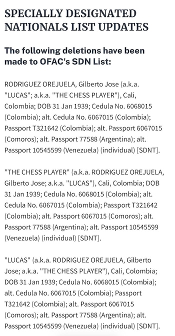 Lista Clinton Gilberto Rodríguez Orejuela - crédito Departamento del Tesoro de los Estados Unidos