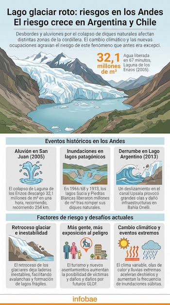 Infografía con ilustraciones de glaciares, desbordes de agua y recuadros de texto sobre eventos históricos y factores de riesgo.