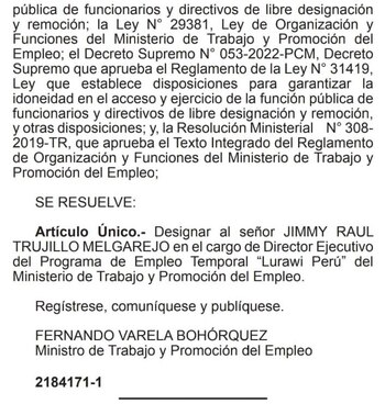 Nombramiento del exaportante de la congresista Patricia Chirinos de Avanza País.