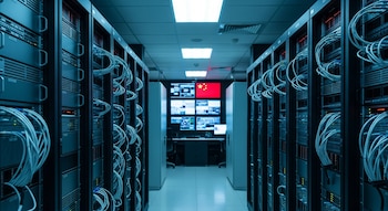 Pasillo de centro de datos con filas de servidores y cables. Al fondo, múltiples monitores de control muestran la bandera de China junto a diversas interfaces de datos.