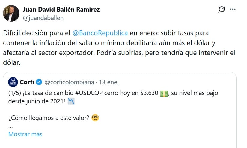 Juan David Ballén, director de Estudios Económicos y de Mercado de Aval Casa de Bolsa y Aval Fiduciaria, mostró preocupación por las futuras decisiones del Banco de la República - crédito @JuanDaBallen/X