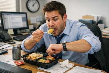 Hombre come de envase de comida con tenedor. En el escritorio hay una lata, portátil y documentos. De fondo, monitor, teclado, teléfono y reloj de pared.