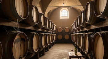 Interior de una bodega con techos abovedados y un pasillo central flanqueado por hileras de barricas de roble a cada lado, una ventana al fondo y una mesa con vino.