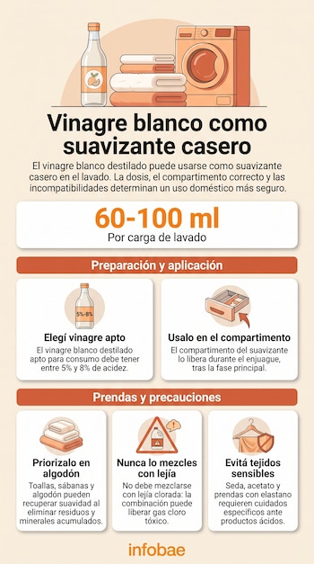 Infografía con ilustraciones de una botella de vinagre, una lavadora, un cajón de detergente, toallas y símbolos de advertencia.