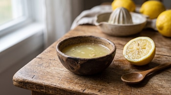 Tazón cerámico con jugo de limón, medio limón exprimido, una cuchara de madera y un exprimidor manual sobre una mesa de madera.