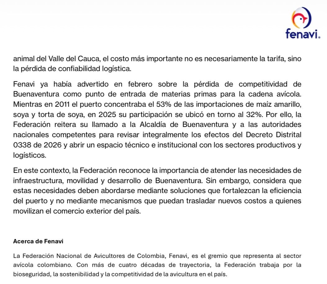 La organización pidió a la Alcaldía de Buenaventura y a las autoridades nacionales revisar de forma integral los efectos del Decreto Distrital 0338 de 2026 y abrir un espacio técnico e institucional con los sectores productivos y logísticos- crédito Fenavi
