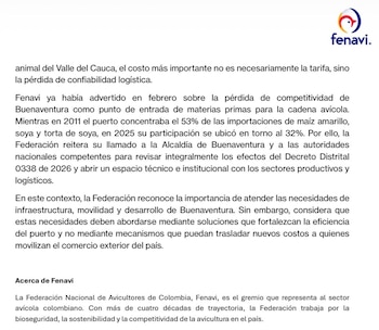 La organización pidió a la Alcaldía de Buenaventura y a las autoridades nacionales revisar de forma integral los efectos del Decreto Distrital 0338 de 2026 y abrir un espacio técnico e institucional con los sectores productivos y logísticos- crédito Fenavi