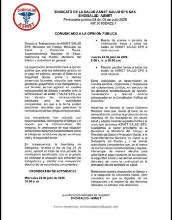 El 23 de julio habrá un plantón pacífico frente a las sedes de Asmet Salud EPS entre las 8:00 a. m. y las 10:00 a. m. - crédito Sindisalud-Asmet