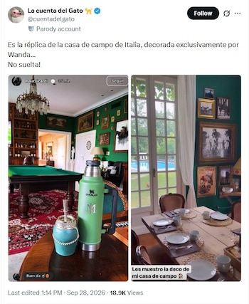 Captura de pantalla de una publicación en internet con dos fotos de interiores con paredes verdes, un termo, un mate y una mesa servida