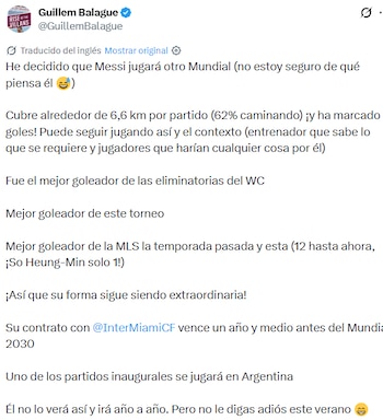 Captura de pantalla de un tuit de Guillem Balague con su nombre, perfil y un texto sobre las estadísticas de Lionel Messi y el Mundial 2030